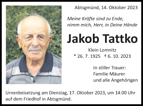 Traueranzeige von Jakob Tattko von Schwäbische Post