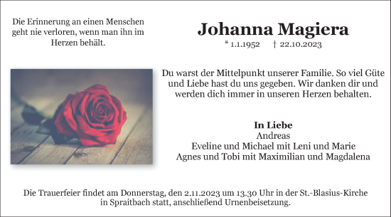 Traueranzeige von Johanna Magiera von Gmünder Tagespost