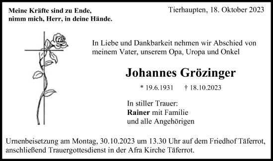 Traueranzeige von Johannes Grözinger