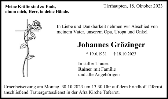 Traueranzeige von Johannes Grözinger von Gmünder Tagespost