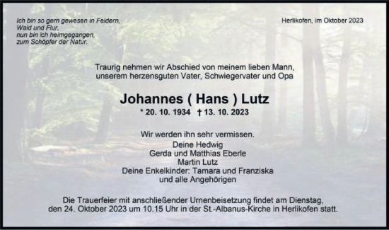 Traueranzeige von Johannes Lutz von Gmünder Tagespost