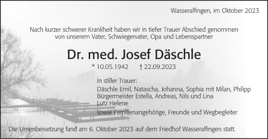 Traueranzeige von Josef Däschle von Schwäbische Post