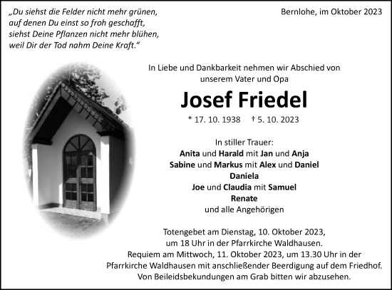 Traueranzeige von Josef Friedel von Schwäbische Post