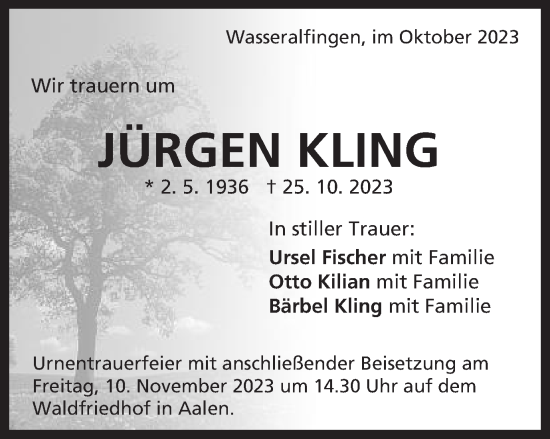 Traueranzeige von Jürgen Kling von Schwäbische Post