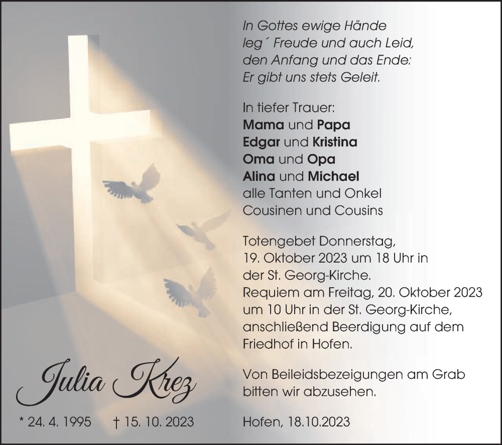  Traueranzeige für Julia Krez vom 18.10.2023 aus Schwäbische Post