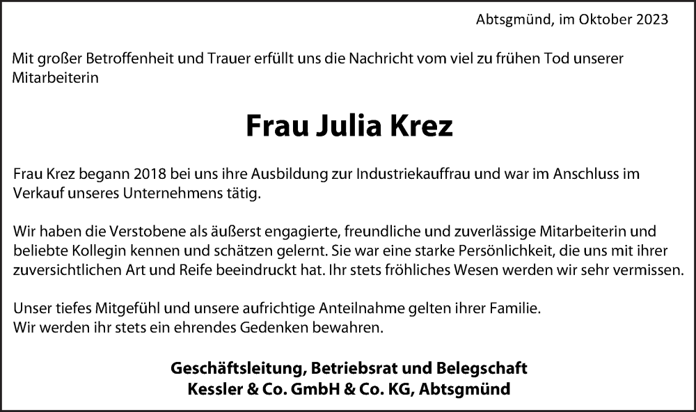  Traueranzeige für Julia Krez vom 21.10.2023 aus Schwäbische Post