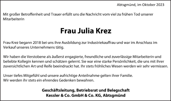Traueranzeige von Julia Krez von Schwäbische Post