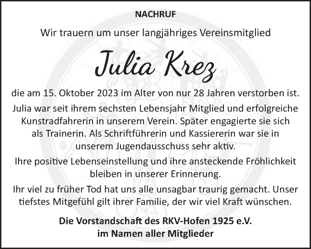  Traueranzeige für Julia Krez vom 24.10.2023 aus Schwäbische Post