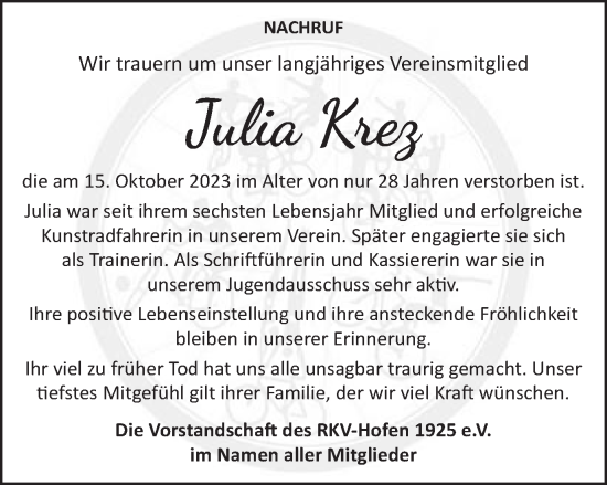 Traueranzeige von Julia Krez von Schwäbische Post