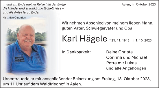 Traueranzeige von Karl Hägele von Schwäbische Post