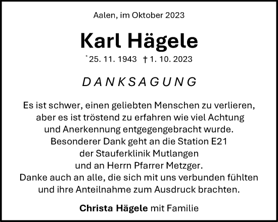 Traueranzeige von Karl Hägele von Schwäbische Post