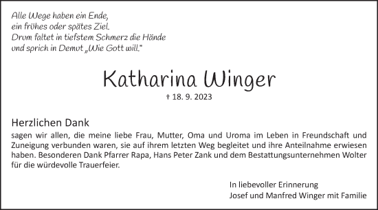 Traueranzeige von Katharina Winger von Schwäbische Post