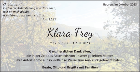 Traueranzeige von Klara Frey von Gmünder Tagespost