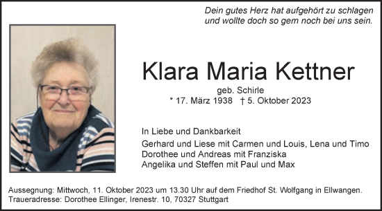 Traueranzeige von Klara Maria Kettner von Schwäbische Post