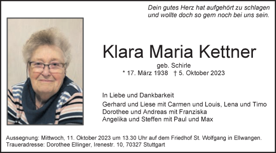 Traueranzeige von Klara Maria Kettner