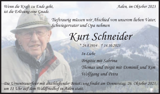 Traueranzeige von Kurt Schneider von Schwäbische Post