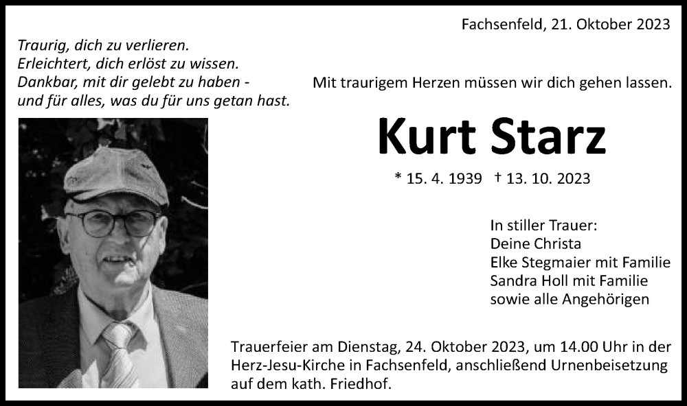  Traueranzeige für Kurt Starz vom 21.10.2023 aus Schwäbische Post