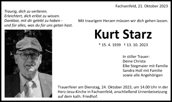 Traueranzeige von Kurt Starz von Schwäbische Post