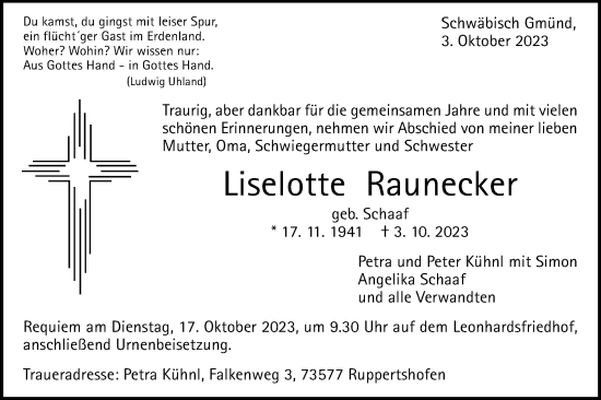 Traueranzeige von Liselotte Raunecker von Gmünder Tagespost