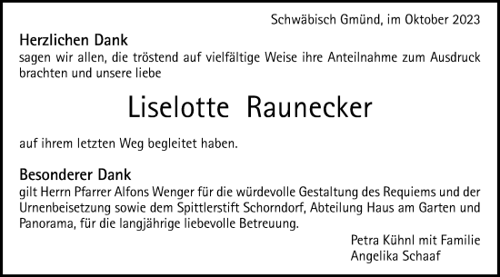 Traueranzeige von Liselotte Raunecker von Gmünder Tagespost