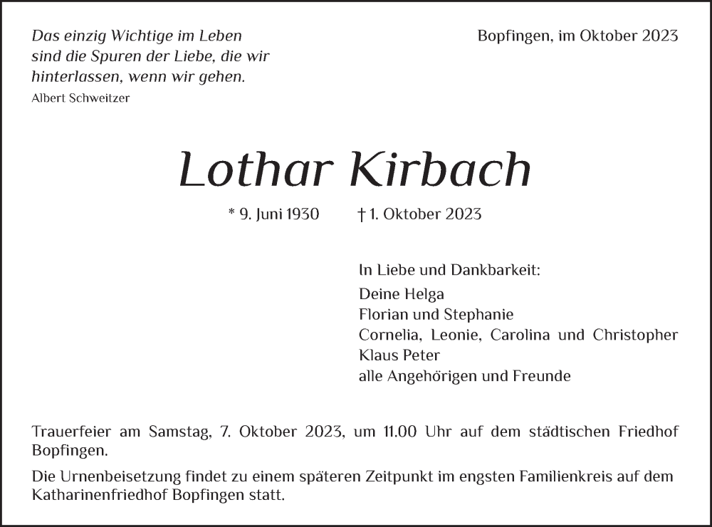  Traueranzeige für Lothar Kirbach vom 05.10.2023 aus Schwäbische Post