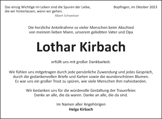 Traueranzeige von Lothar Kirbach von Schwäbische Post