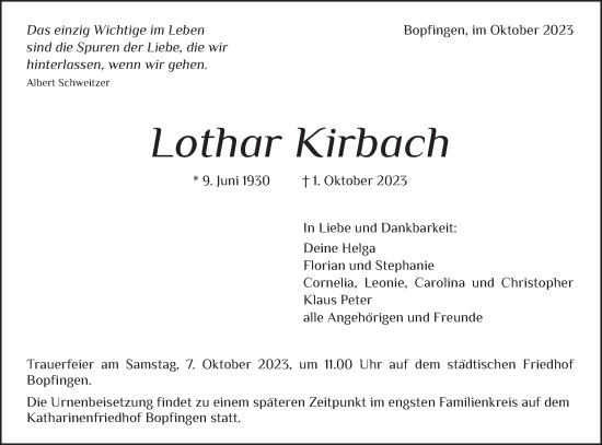 Traueranzeige von Lothar Kirbach von Schwäbische Post