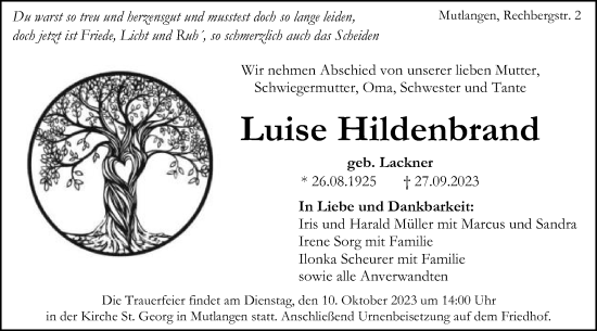 Traueranzeige von Luise Hildenbrand von Gmünder Tagespost