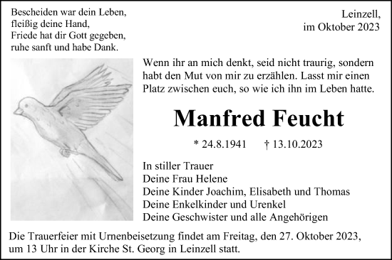 Traueranzeige von Manfred Feucht von Gmünder Tagespost