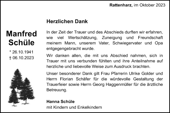 Traueranzeige von Manfred Schüle von Gmünder Tagespost