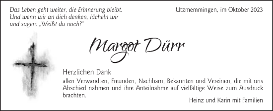 Traueranzeige von Margot Dürr von Schwäbische Post