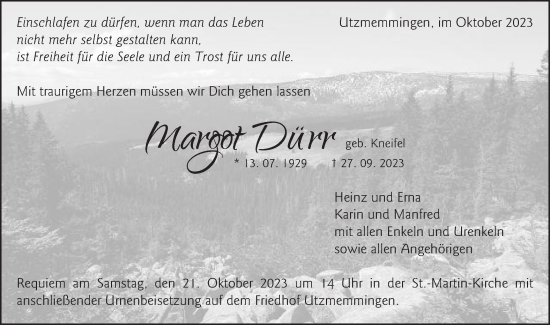 Traueranzeige von Margot Dürr von Schwäbische Post