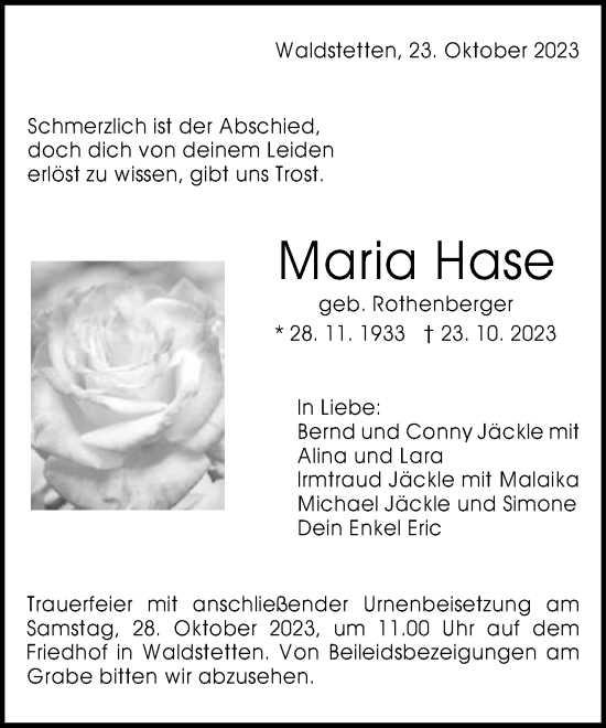 Traueranzeige von Maria Hase von Gmünder Tagespost