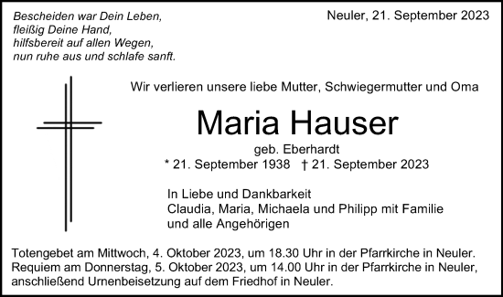 Traueranzeige von Maria Hauser