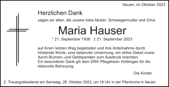 Traueranzeige von Maria Hauser von Schwäbische Post