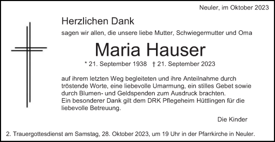 Traueranzeige von Maria Hauser