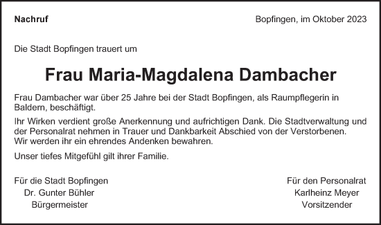 Traueranzeige von Maria-Magdalena Dambacher von Bopfinger Stadtanzeiger