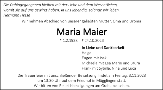 Traueranzeige von Maria Maier von Gmünder Tagespost