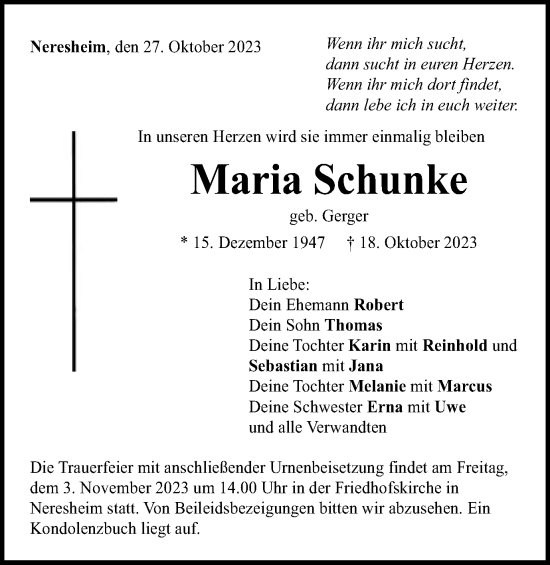 Traueranzeige von Maria Schunke von Schwäbische Post