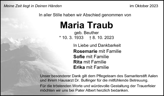 Traueranzeige von Maria Traub von Schwäbische Post