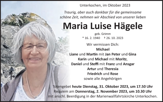 Traueranzeige von Maria Luise Hägele von Schwäbische Post