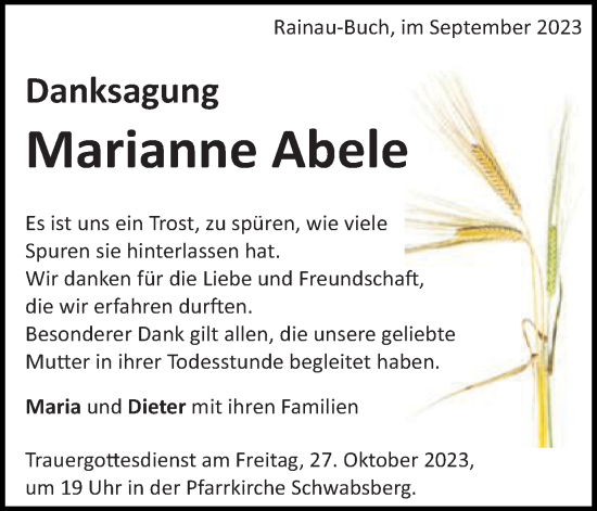 Traueranzeige von Marianne Abele von Schwäbische Post