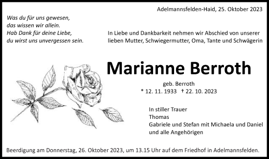 Traueranzeige von Marianne Berroth von Schwäbische Post