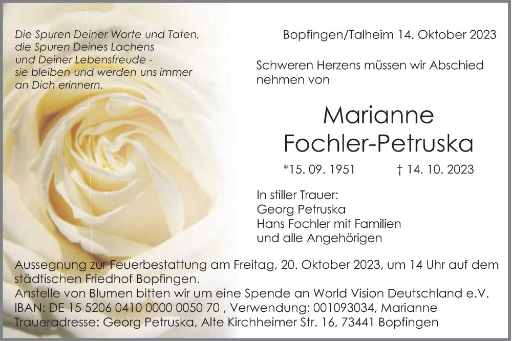  Traueranzeige für Marianne Fochler-Petruska vom 17.10.2023 aus Schwäbische Post