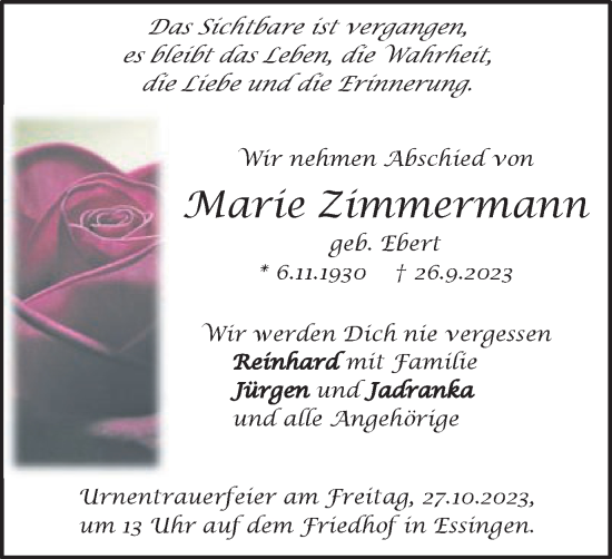 Traueranzeige von Marie Zimmermann von Schwäbische Post