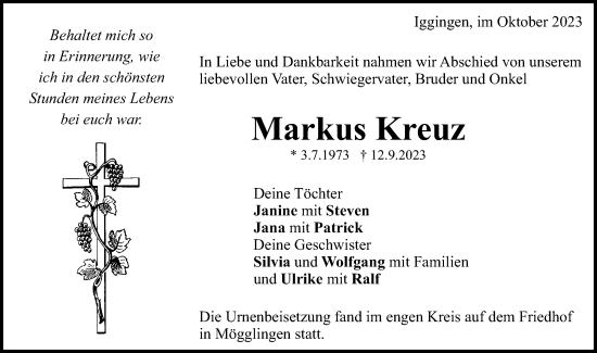 Traueranzeige von Markus Kreuz von Gmünder Tagespost