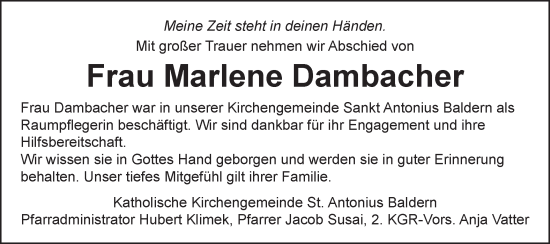 Traueranzeige von Marlene Dambacher von Bopfinger Stadtanzeiger