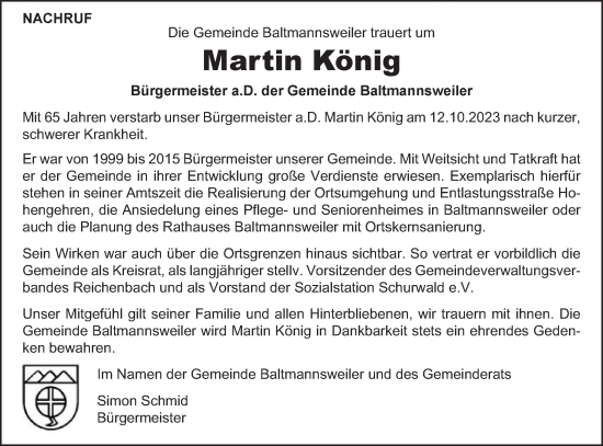 Traueranzeige von Martin König von Gmünder Tagespost