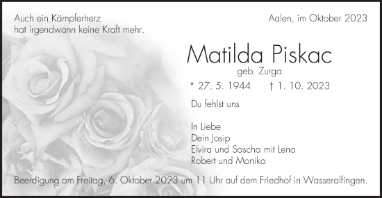 Traueranzeige von Matilda Piskac von Schwäbische Post