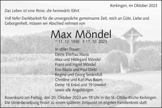 Traueranzeige von Max Möndel von Schwäbische Post